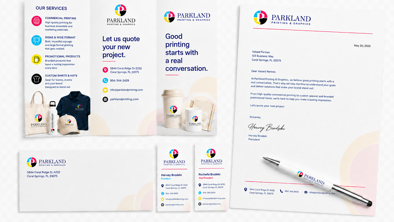 A coordinated collection of business cards, brochures, letterhead and envelopes