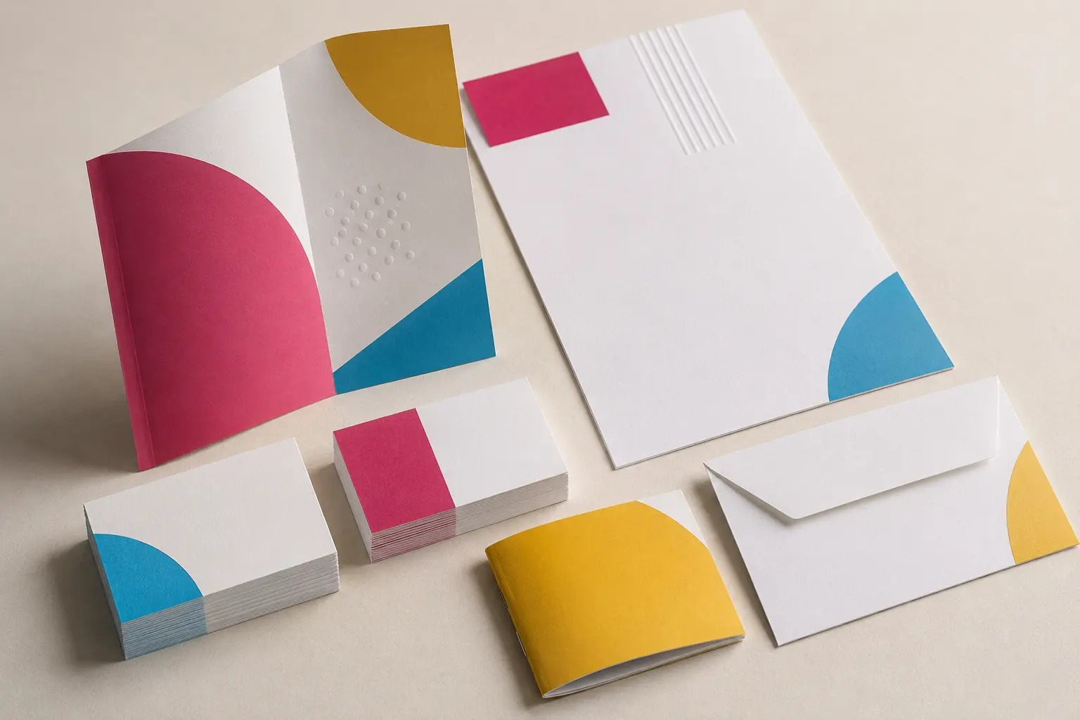 Business cards, brochures and stationery arranged as a polished print collection
