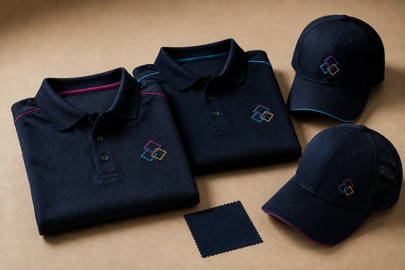 Custom embroidered polo shirts and hats arranged in a modern apparel studio