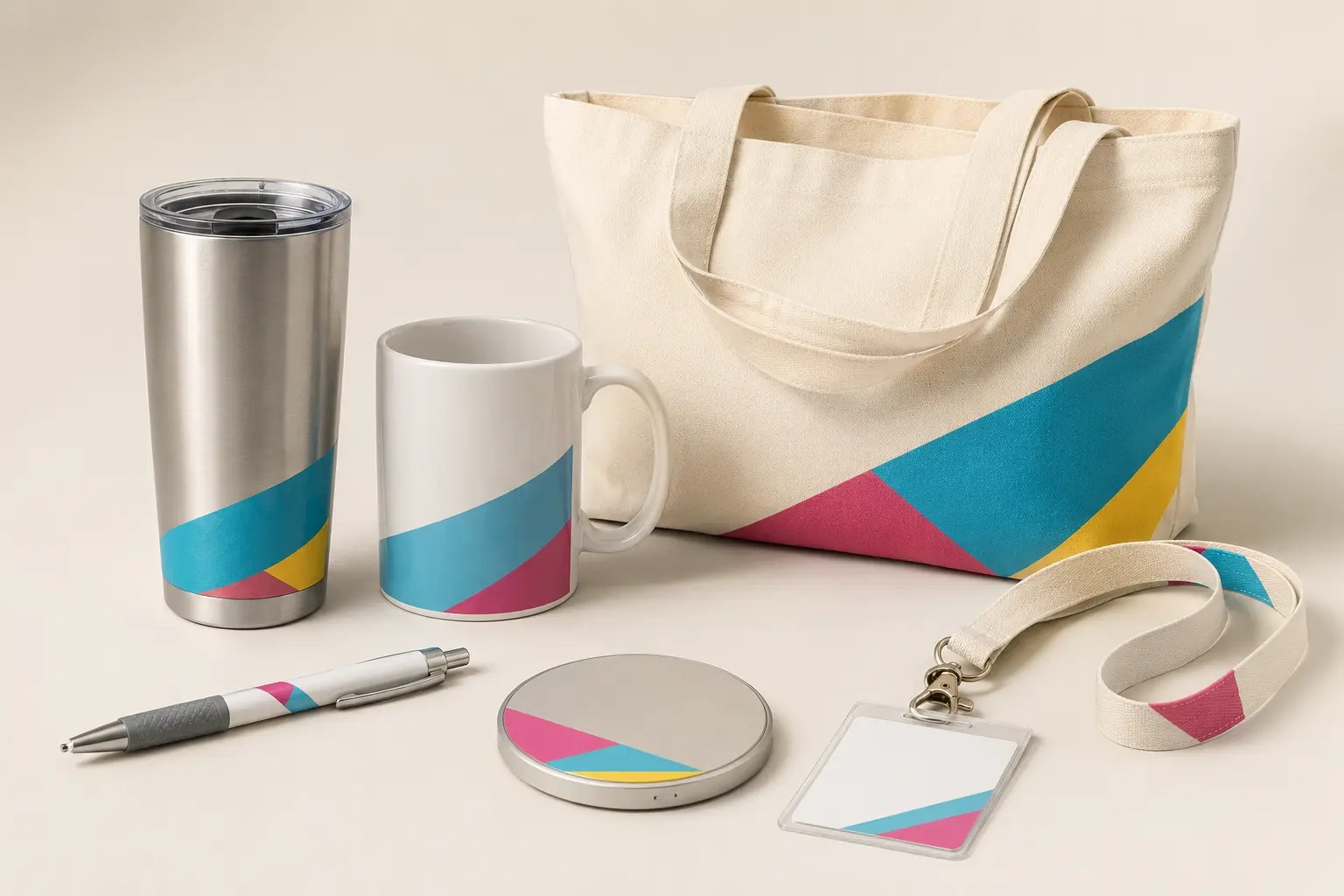 A coordinated assortment of tumblers, mugs, pens, totes and branded giveaway items