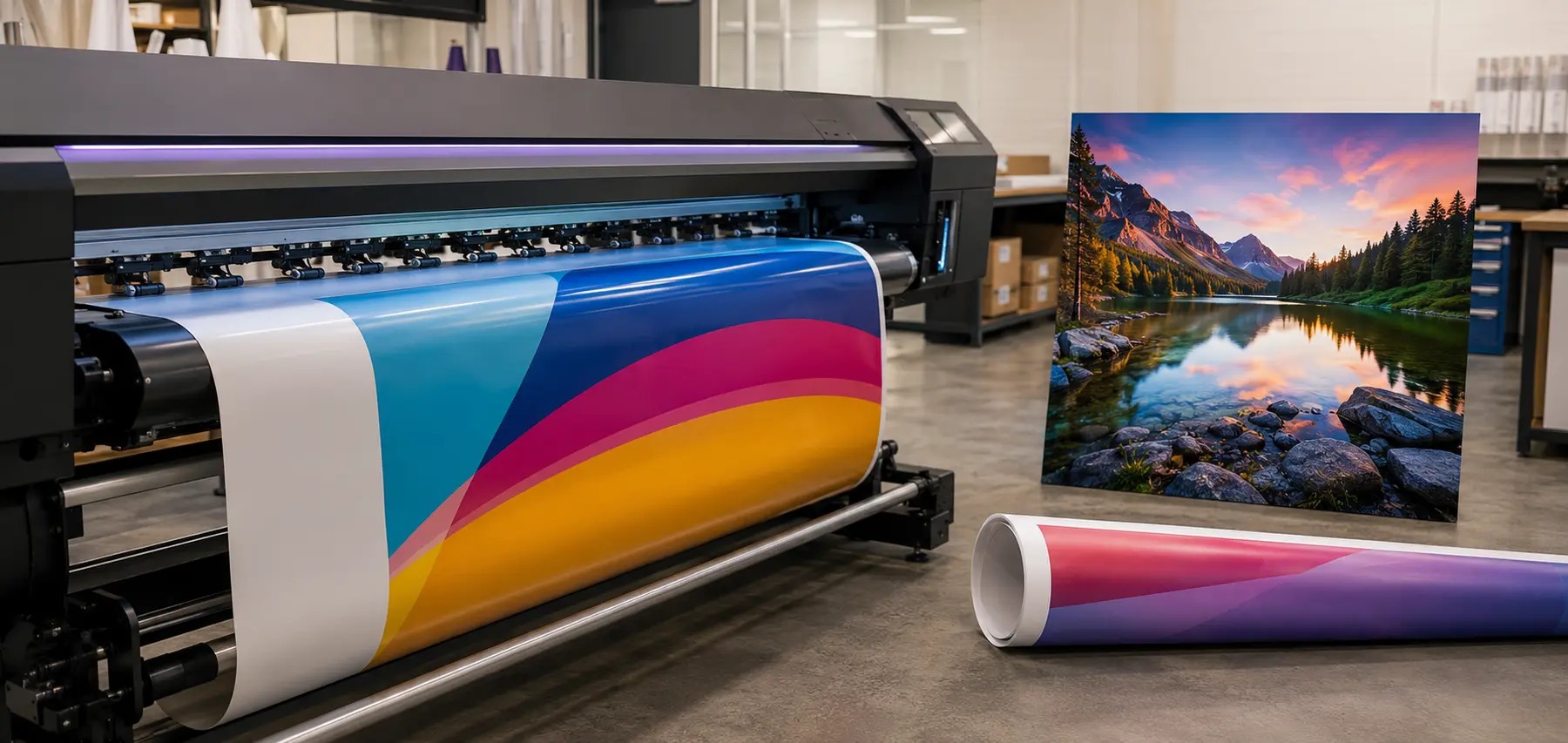 Colorful wide-format graphics, rigid signage and a rolled banner in a professional print shop
